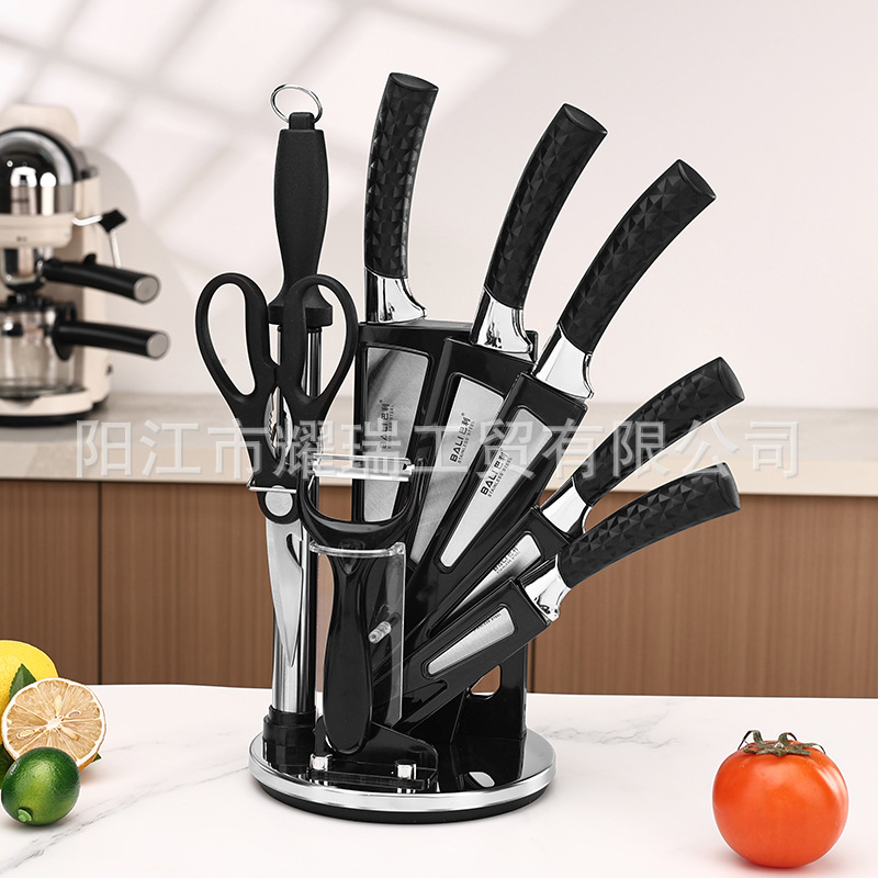 Spot patrón de diamante mango asiento giratorio juego de nueve piezas cuchillo de cocina juego completo juego de cuchillos de cocina para el hogar de acero inoxidable