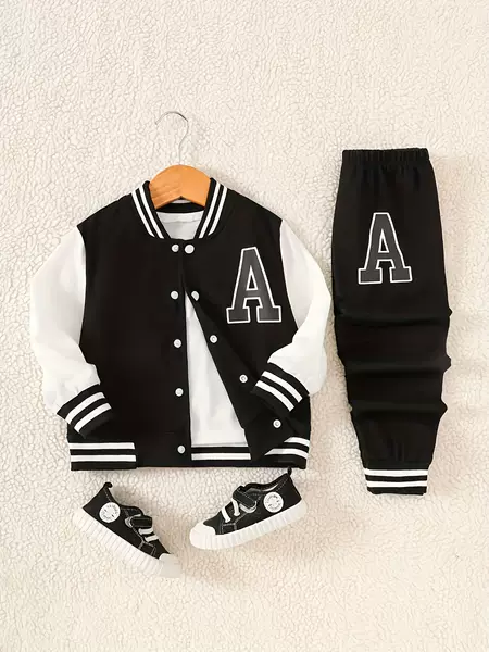 Cross-Border Ins Small and Medium-Sized Boys' Spring & Fall Letter Print Contrasting Color Splicing Long-Sleeved Tops and Pants Casual Suits