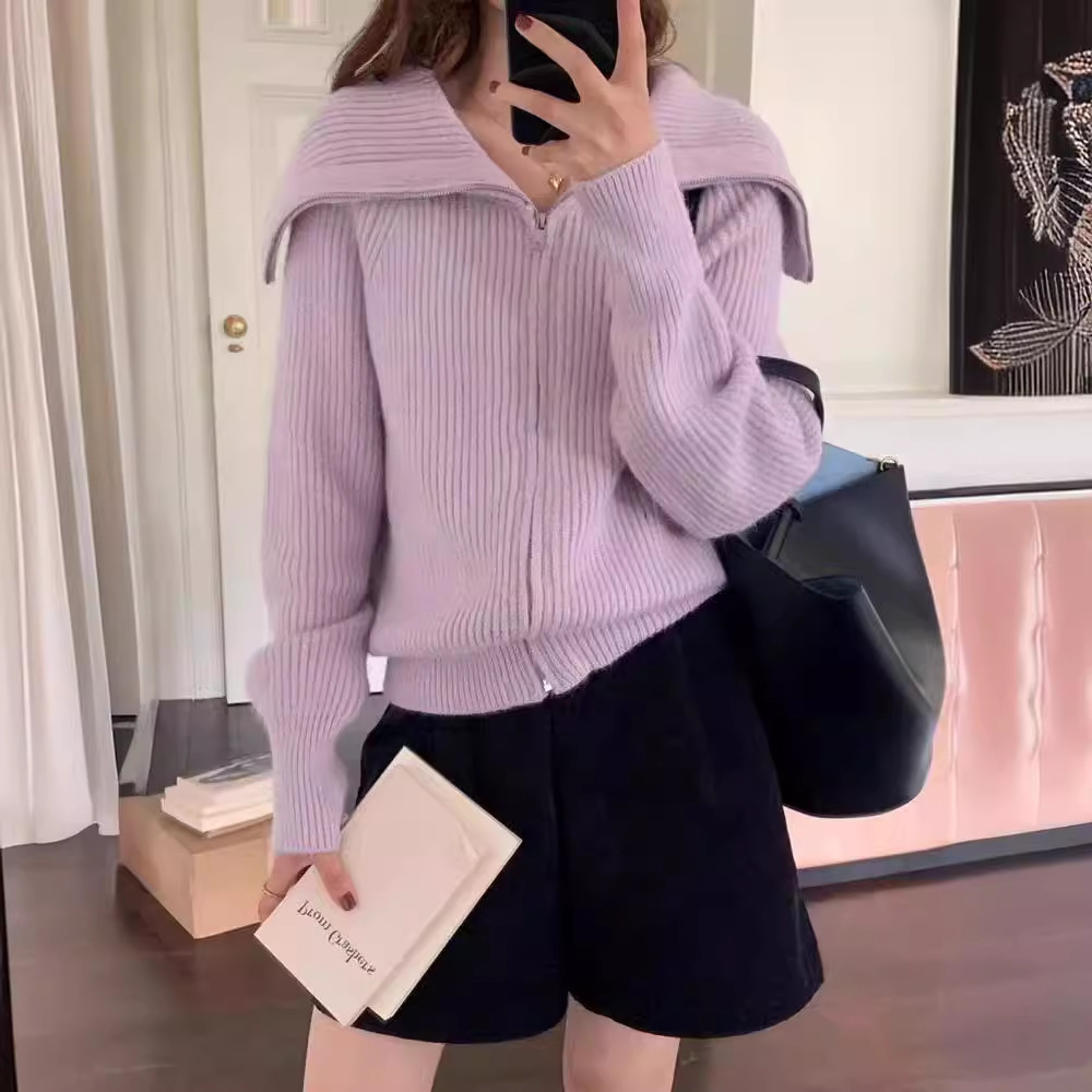 设计感翻领毛衣女秋冬季2024秋冬新款慵懒风简约拉链针织开衫外套