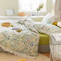 2F Fresh Pure Cotton Sheet Set Single Lotus Edge 100% Cotton Cover 150*200*230cm Small Floral Student Quilt