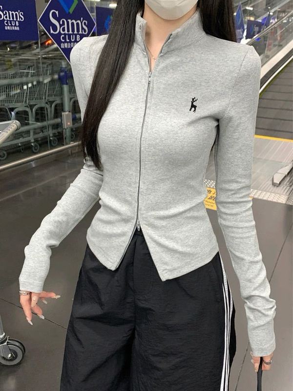 美式设计感半高领双拉链开衫女秋新款刺绣百搭修身显瘦外穿上衣潮|undefined