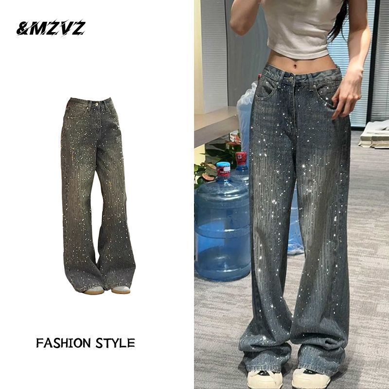 Design Heavy-Duty Style Hot Girl Trendy Paris Starry Sky Autumn Rhinestone Jeans Women's Retro Wide-Leg Pants Millennium