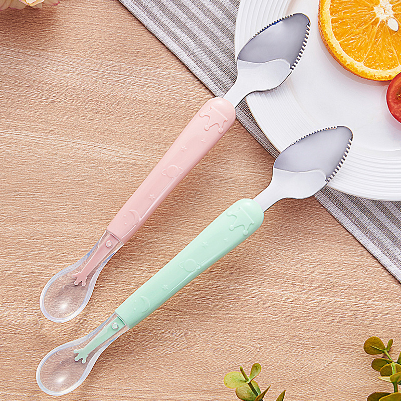 Baby fruit scraping spoon double head children stainless steel silicone soft spoon fruit puree baby complementary food feeding scraping spoon