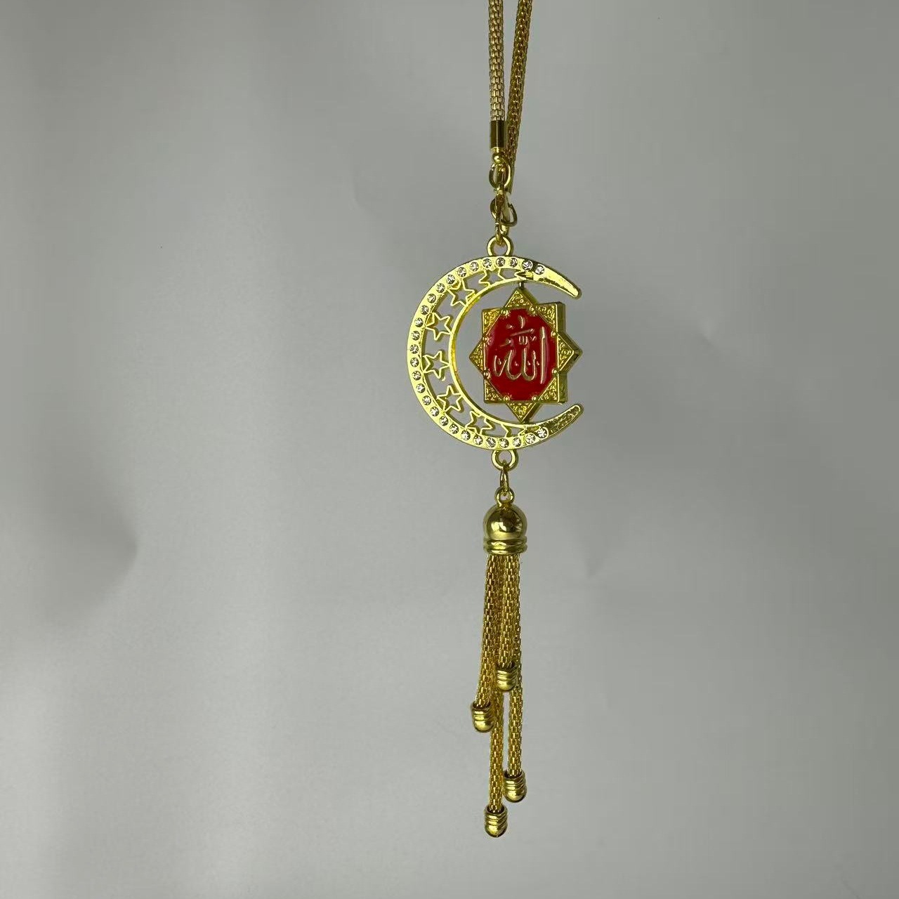 Golden Star and Moon Enamel Car Pendant, 3D Scripture Car Hanging Ornament, Diamond-Encrusted Rearview Mirror Tassel Decoration, Cross-Border Wholesale