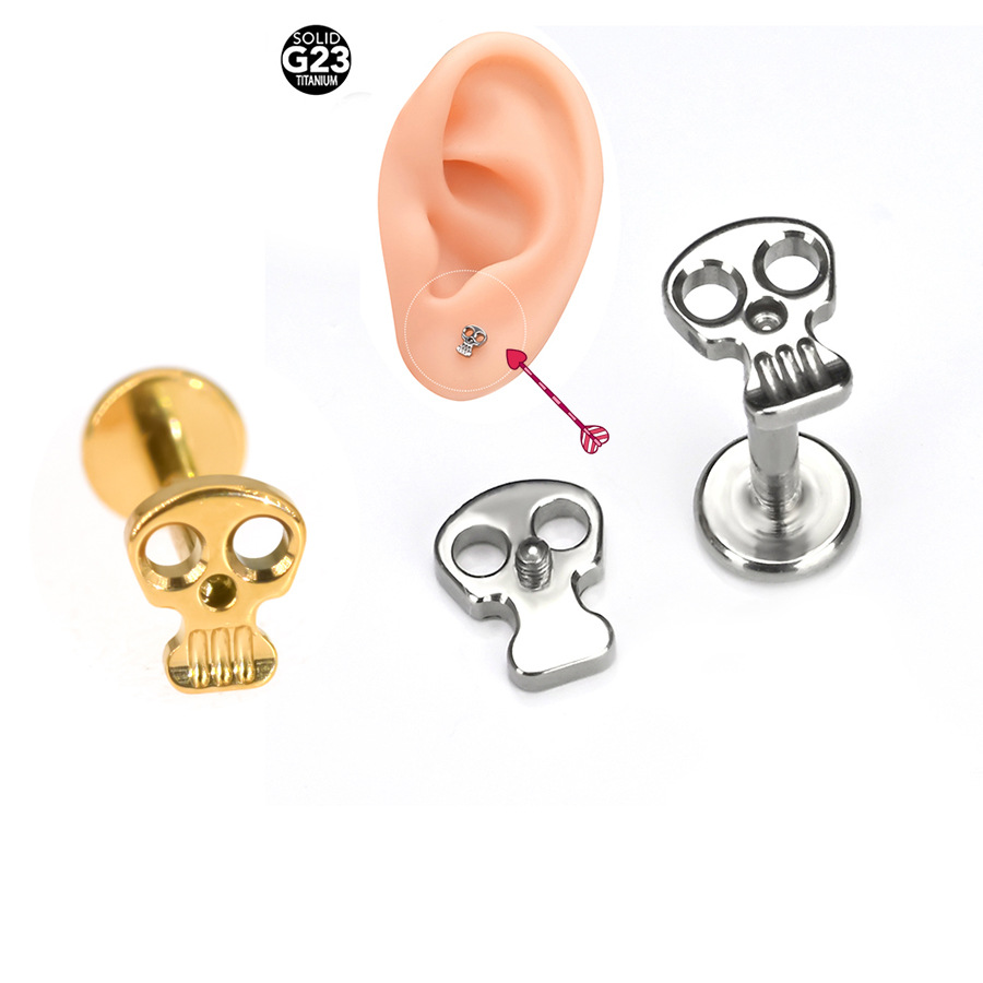 Cross-border Bestselling G23 Titanium Alloy Skull Head Threaded Lip Ring Earring Nose Ring Cartilage Ring Body Piercing Jewelry