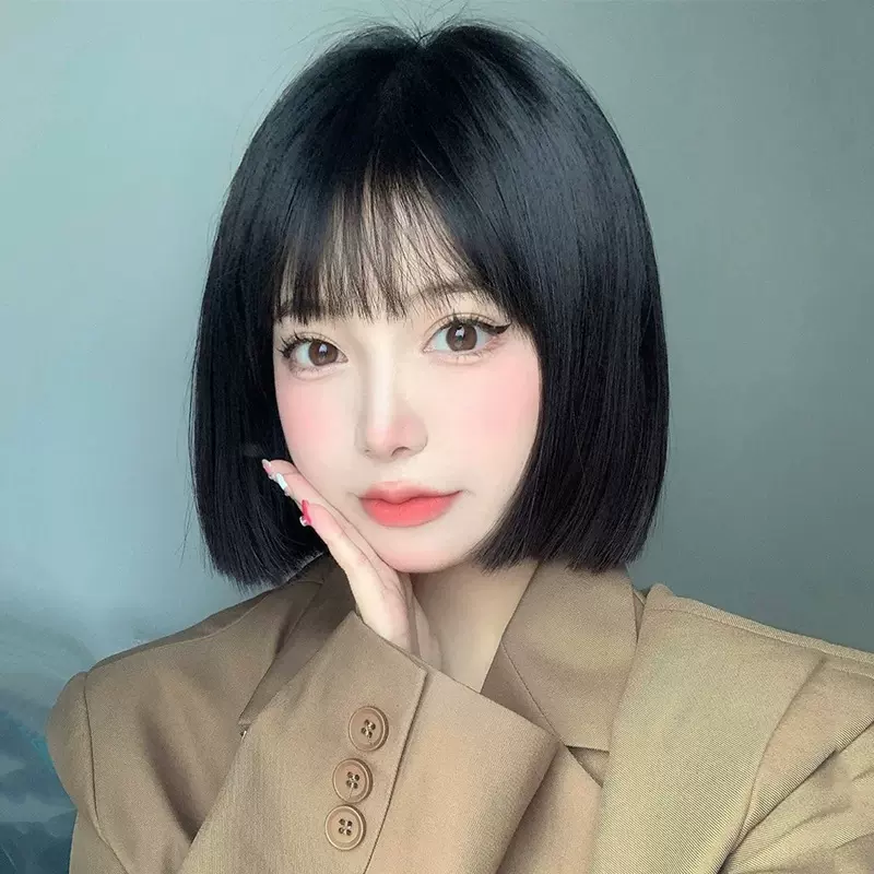 跨境网红假发女直刘海短直发时尚圆脸自然锁骨发修脸仿真人假发套