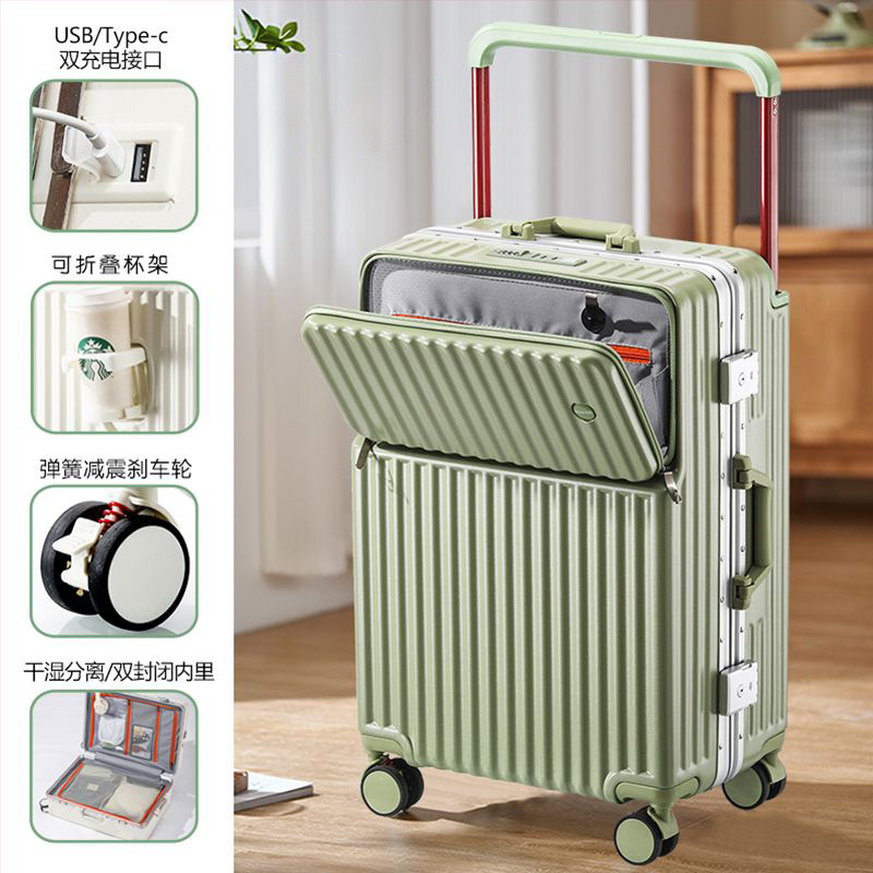 2025 marco de aluminio para equipaje, apertura frontal, caja de contraseña de varilla de tracción multifuncional de gran capacidad, rueda silenciosa para estudiantes, rueda amortiguadora