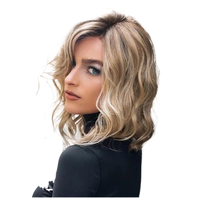 Moda de comercio exterior nuevo europeo y americano corto Pelo Rizado teñido gradiente mullido MEDIADOS DE-longitud de la cubierta del pelo largo Peluca de corte de cara para las mujeres