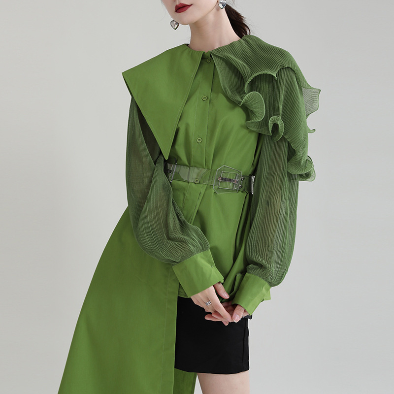 2025 Spring New Arrival Stitching Pleated Wood-ear Top with Belt Designer Loose Long-sleeved Shirt for Women