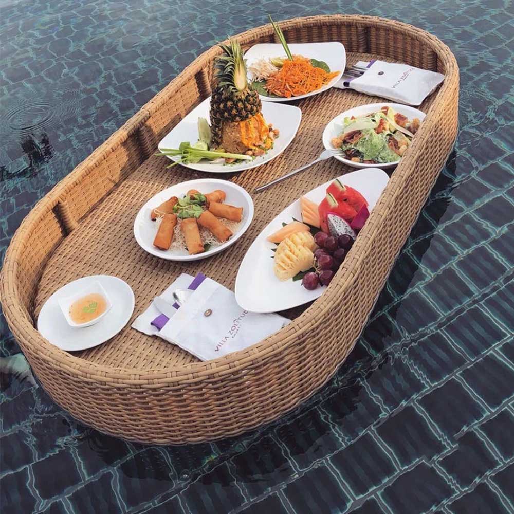 Bali homestay pool floating tray breakfast afternoon tea water dinner plate Vietnamese viral rattan basket hotel