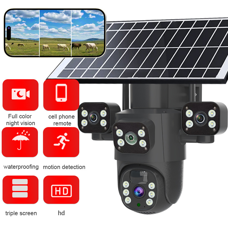 Venta transfronteriza caliente de tres lentes 4G cámara de visión nocturna a todo color intercomunicador de voz al aire libre impermeable monitor solar