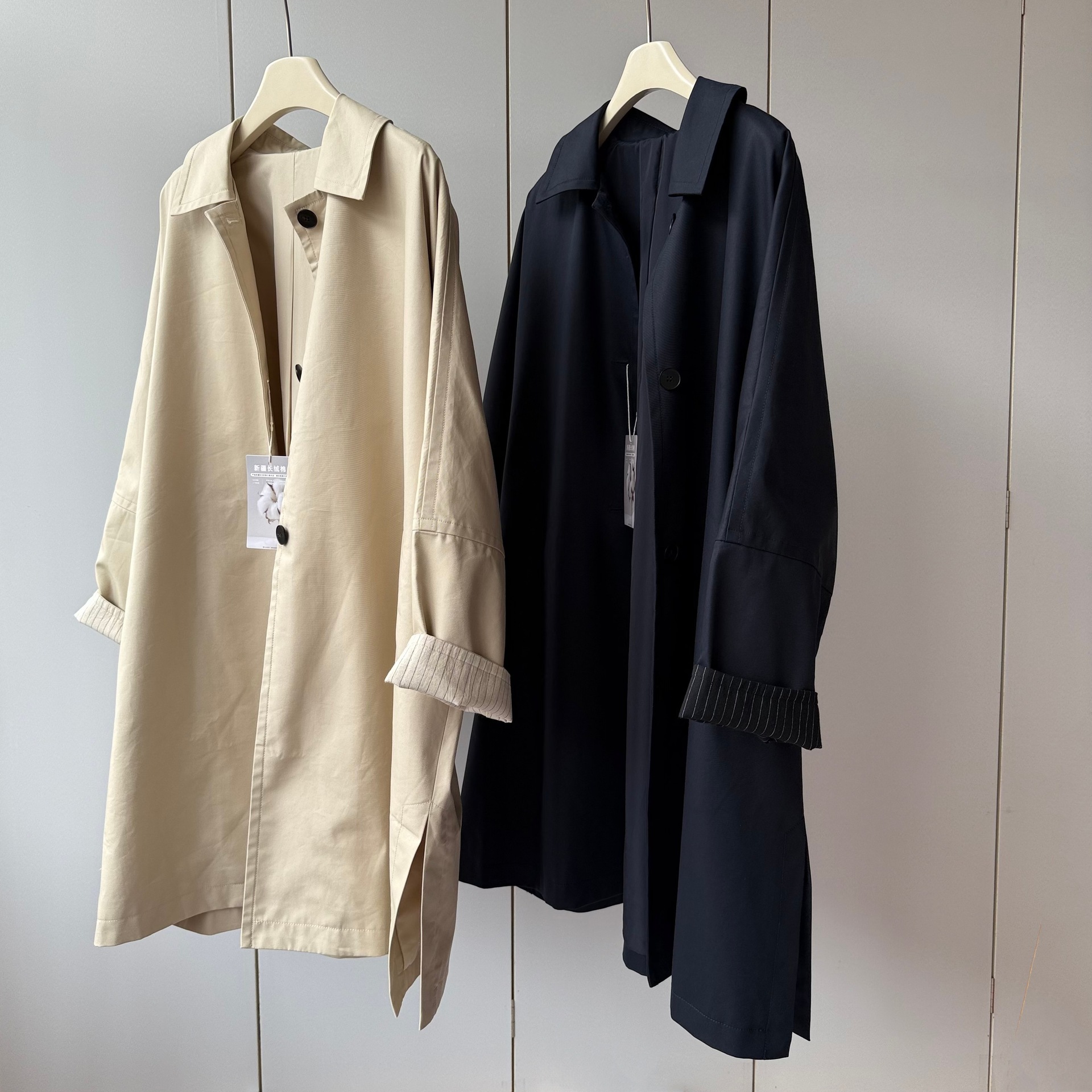 Relaxed Beauty with Striped Color-Blocking Cuffs! Cotton + Lyocell Lapel Multi-Button Lightweight Loose Mid-Length Trench Coat for Women in Autumn