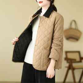 实拍2023冬季新款短款薄棉服女韩版小个子菱格设计感小众棉袄外套