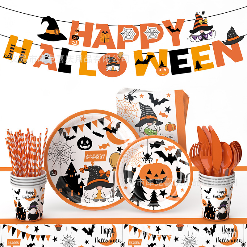 Halloween calabaza temática fiesta decoración fantasma taza bandeja de papel desechable bandeja de papel conjunto de cubiertos decorativos