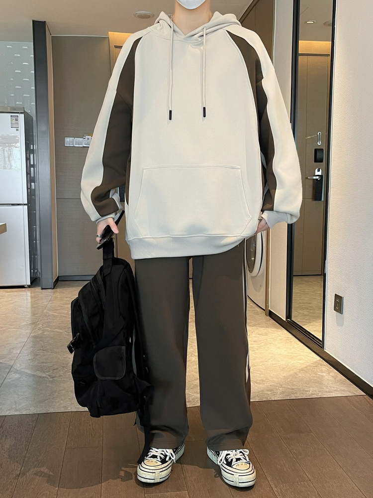 Suede suelta, juego de deportes casuales para hombres, primavera y otoño, nuevo estilo de moda con capuzas, pantalones rectos de moda juvenil, dos piezas