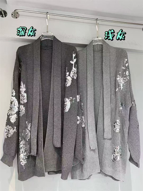 重工亮片花朵刺绣加厚针织开衫秋冬新款慵懒风宽松系带毛衣外套潮|undefined