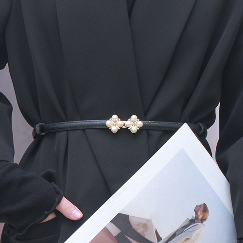 Pearl buckle waist belt for women, elastic thin black with skirt decoration dress belt for girls