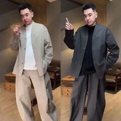 【高品质】时尚百搭潮流轻奢致雅亲肤V领长袖衬衫极简无领道袍套