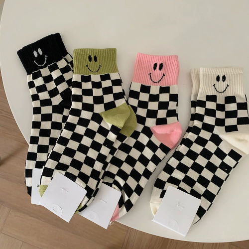 Smiley Face Grid Socks for Girls Mid-Calf Socks Korean Dongdaemun Checkerboard Socks Cartoon Smiley Color-Matched Socks Trendy Match