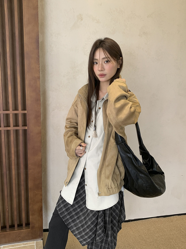 广州十三行2025秋翻领麂皮复古皮夹克休闲百搭设计感皮衣女02809|undefined