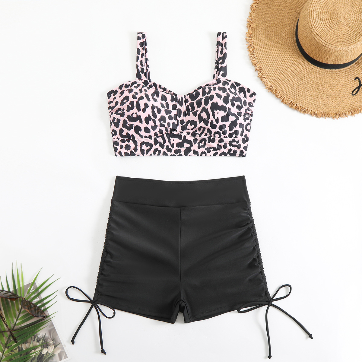 Women's Conservative Sporty Swimsuit 2025 European American New Style Printed Vest High Waisted Shorts Drawstring Cross Border Foreign Trade_ecoleips.com