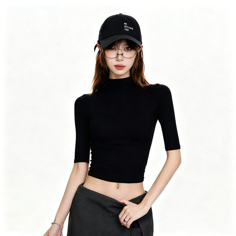 Black Spicy Girl Style Half-High Collar Mid-Sleeve T-Shirt for Women, Half-Sleeve Inner Layering Shirt, Autumn Single-Wear Korean Style Top Black Spicy Girl Style Half-High Collar Mid-Sleeve T-Shirt for Women, Half-Sleeve Inner Layering Shirt, Autumn Single-Wear Korean Style Top
