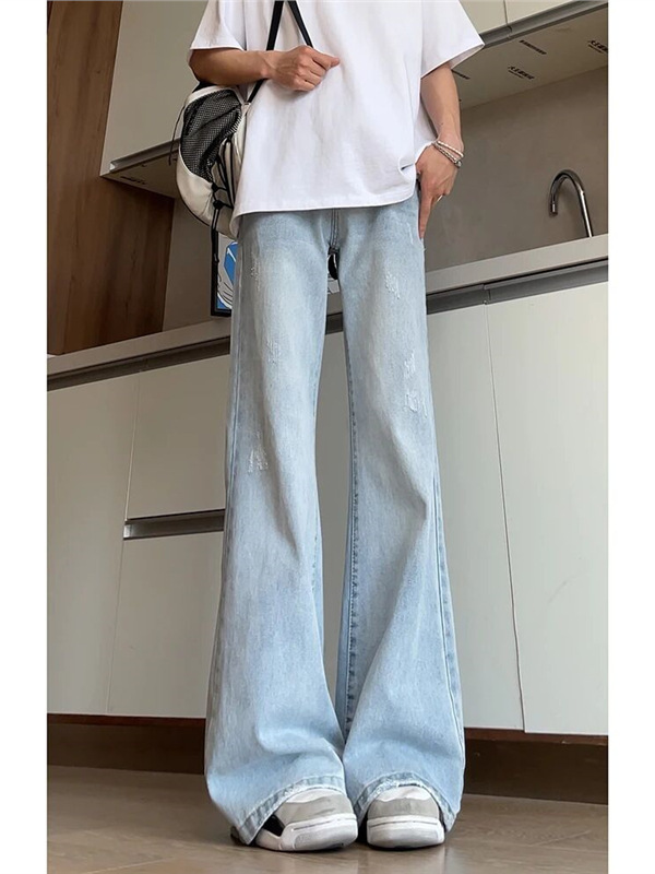 浅蓝色阔腿弯刀牛仔裤男夏季高腰显瘦裤子美式高街vibe修身微喇裤|undefined