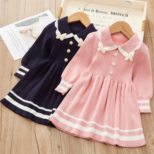 Autumn Children's bow pleated skirt winter girls' cute knitted skirt baby doll collar A- line skirt dress