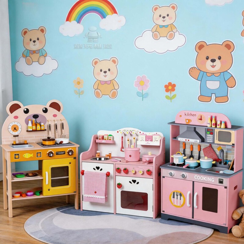 Children's wooden play kitchen set with a refrigerator, toys for toddlers to imitate cooking, featuring realistic sounds, lights, and a simulated induction cooktop Children's wooden play kitchen set with a refrigerator, toys for toddlers to imitate cooking, featuring realistic sounds, lights, and a simulated induction cooktop