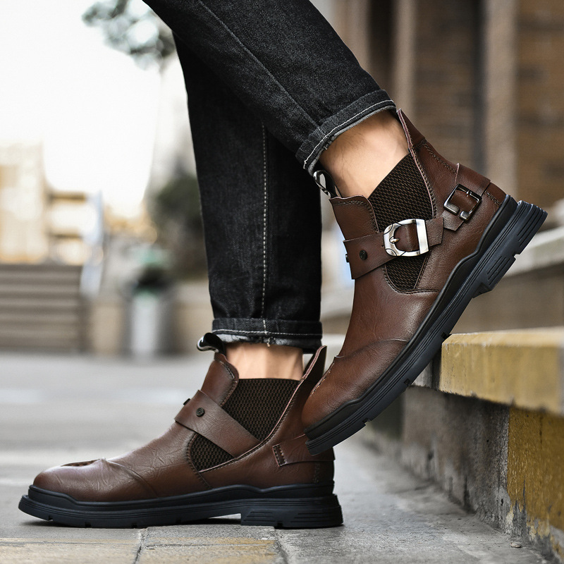 Men's Leather Boots, Full-Grain Calfskin, Mid-Center, British Style, Trendy, Versatile, Genuine Leather Motorcycles, Work Boots for Men