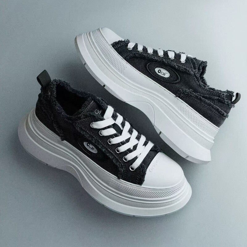 Oc Thick-Soled Sneakers, German Training Shoes, Left Bank Gray Thick-Soled Height-Increasing Canvas Shoes, Retro High-End Frayed Casual Shoes for Women