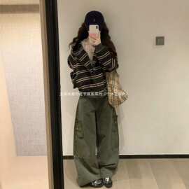 美式街头风2026秋冬女装慵懒风连帽条纹针织开衫卫衣拉链毛衣外套