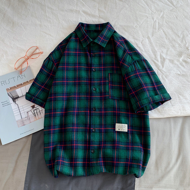 Camisas de manga corta a cuadros para hombres de verano nuevo estilo suelto marca de moda camisa de media manga americana chaqueta casual retro