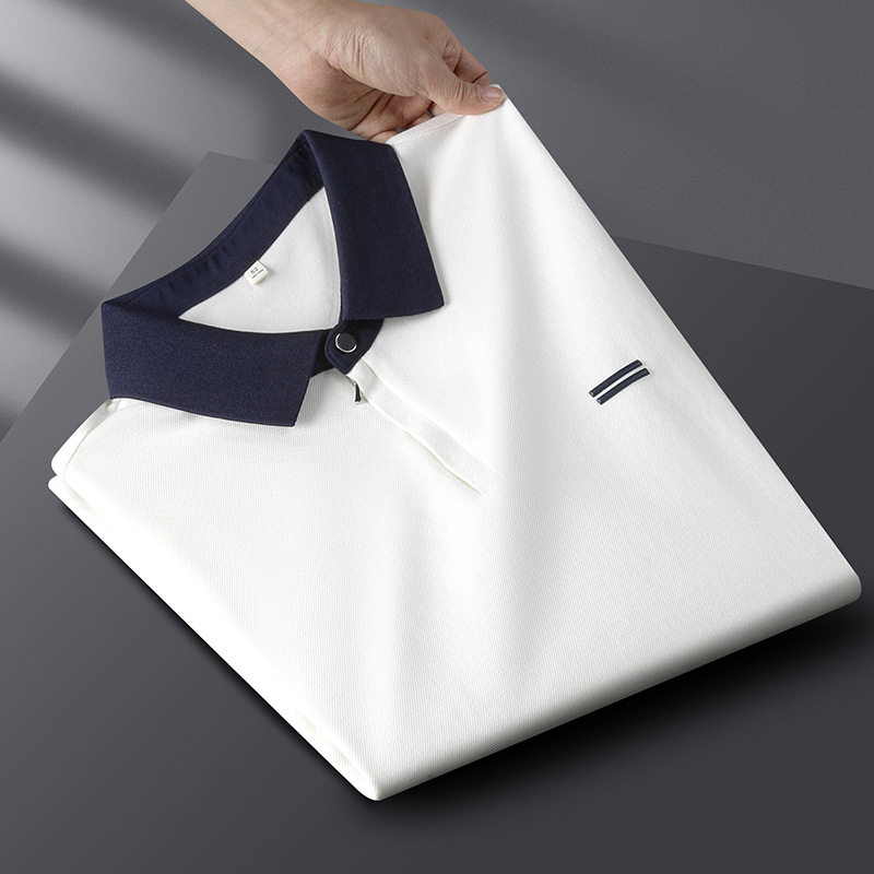 Summer High-end Fashion Breathable Ice Silk Pearl Cotton Color Contrast White Men's Slim-fit Lapel POLO Shirt Short-sleeved T-shirt