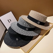 黑白帽子女夏季法式复古薄款透气编织草帽巴拿马字母水钻格子礼帽