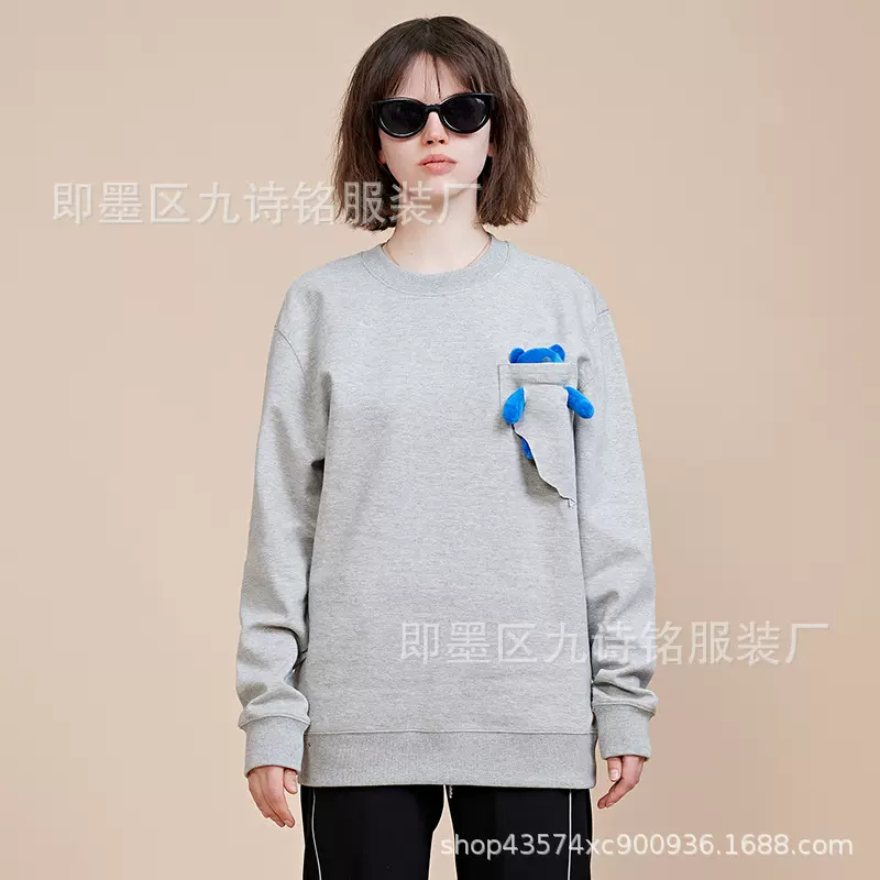 韩国 ADER 口袋小熊圆领卫衣男女同款情侣春秋季款宽松潮牌上衣