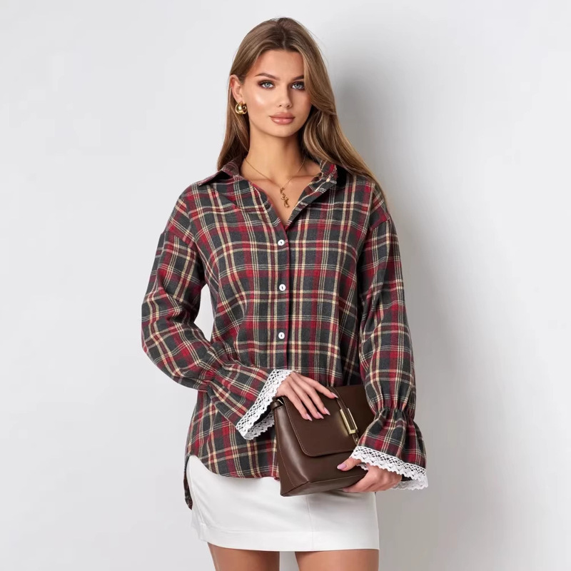 European and American Cross-Border 2026 Spring New Product Amazon Ozon Retro Versatile Design Loose Long-Sleeve Lace Shirt
