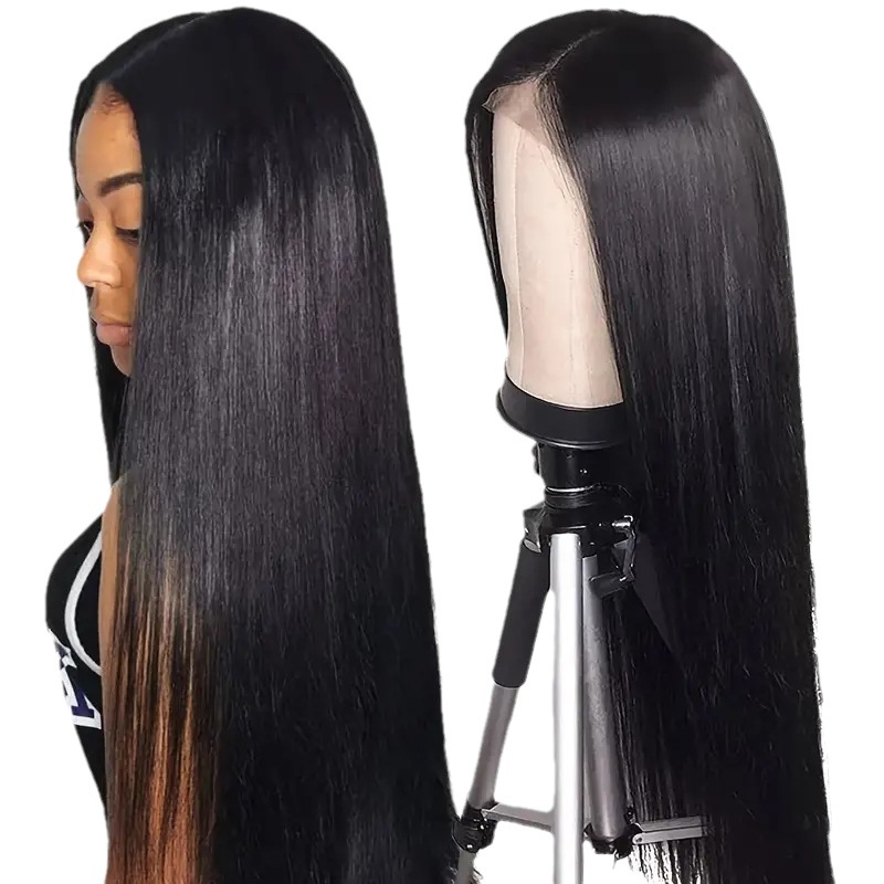 Peluca de encaje frontal estilo europeo americano, cabello largo liso con raya al medio, extensión de cabello sintético para mujer._voghion.com