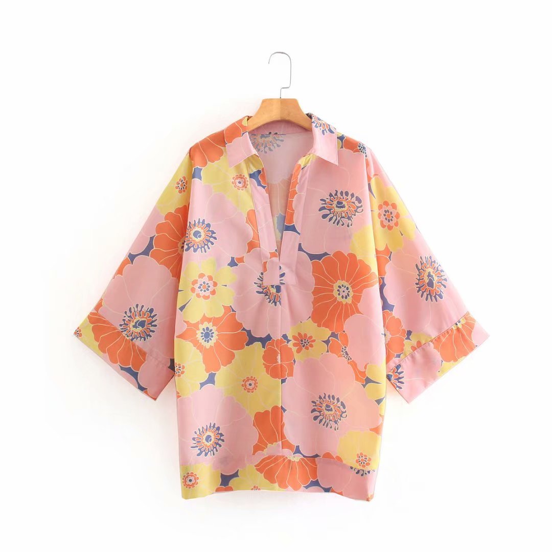 wholesale spring flower middle-sleeved loose casual shirt  NSAM52767