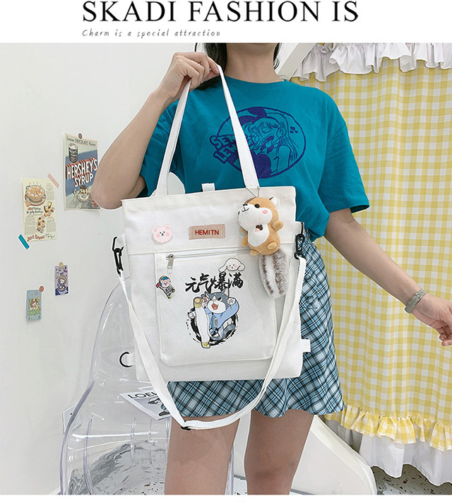 Canvas bag, single-shoulder, double-back, crossbody, multi-purpose student backpack, simple little dog, large-capacity hand-carry, college student tutorial bag Item Picture