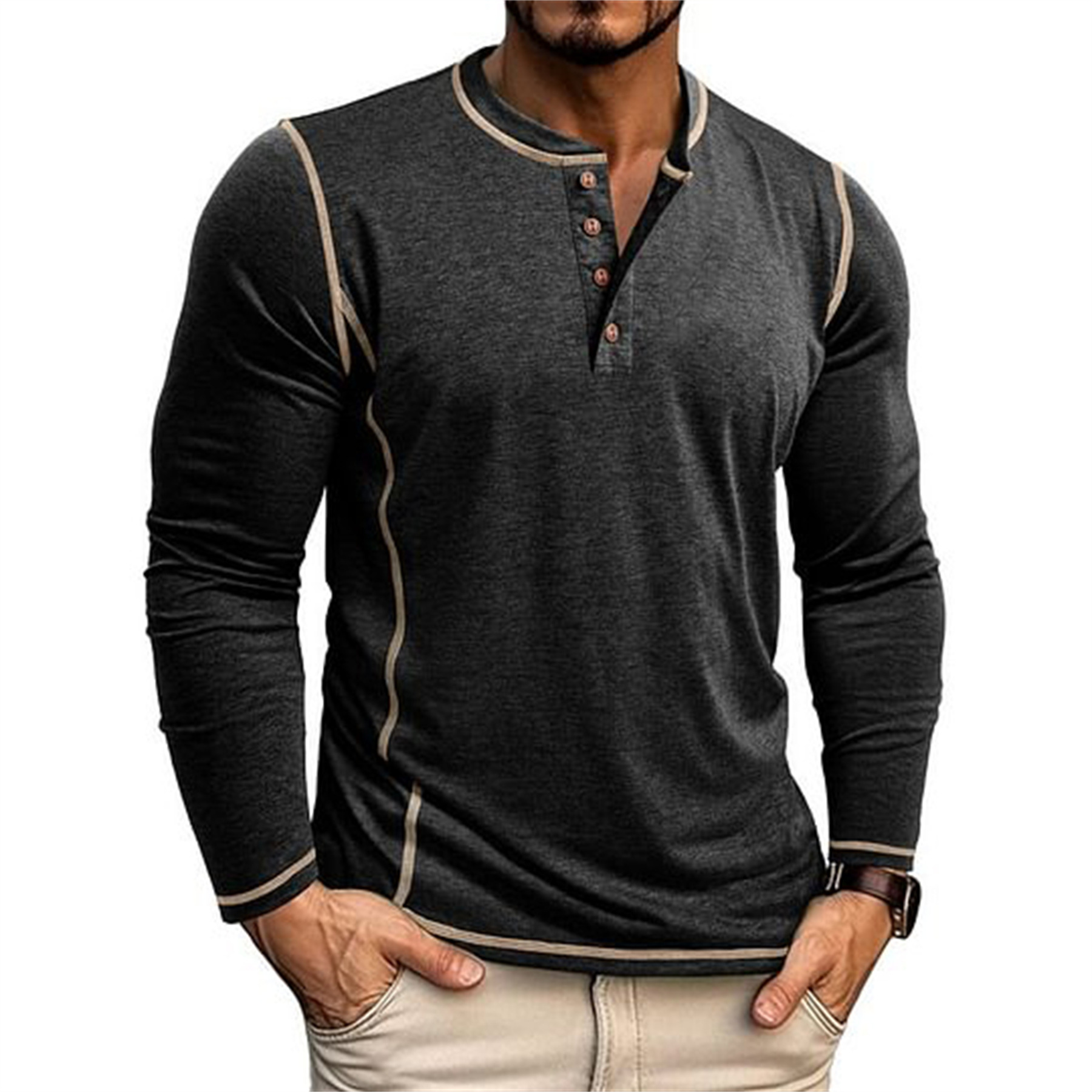 Herren Langarm T-shirt Mit Stehkragen Für Den Alltag_voghion.com