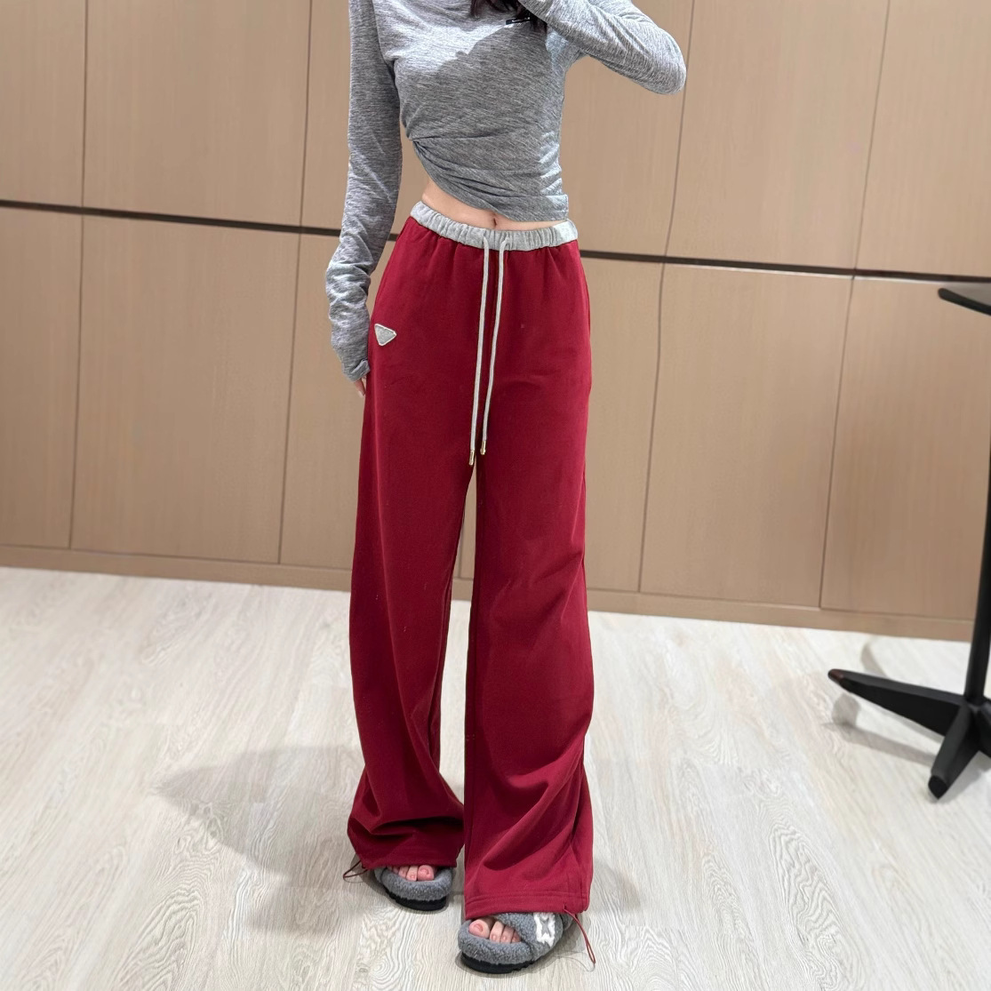 NANYOU 하이 엔드 여성 의류 PRA * 대비 허리 탄성 허리 캐주얼 스트레이트 바지