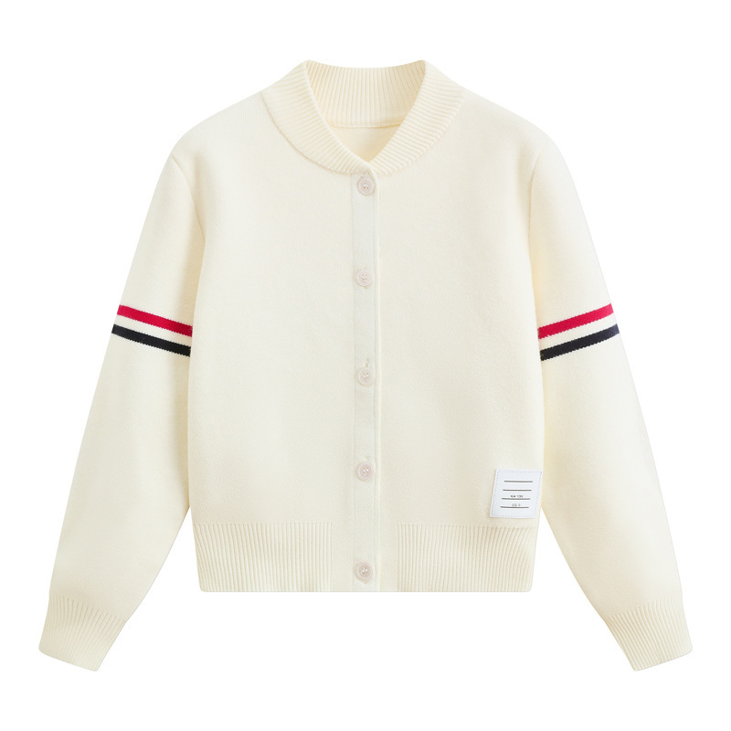 2026 New Round Neck Knit Cardigan College Style Baseball Jacket with Double Sleeves and Colorful Ribbon Stripes Long Sleeve Sweater Coat 2026 New Round Neck Knit Cardigan College Style Baseball Jacket with Double Sleeves and Colorful Ribbon Stripes Long Sleeve Sweater Coat
