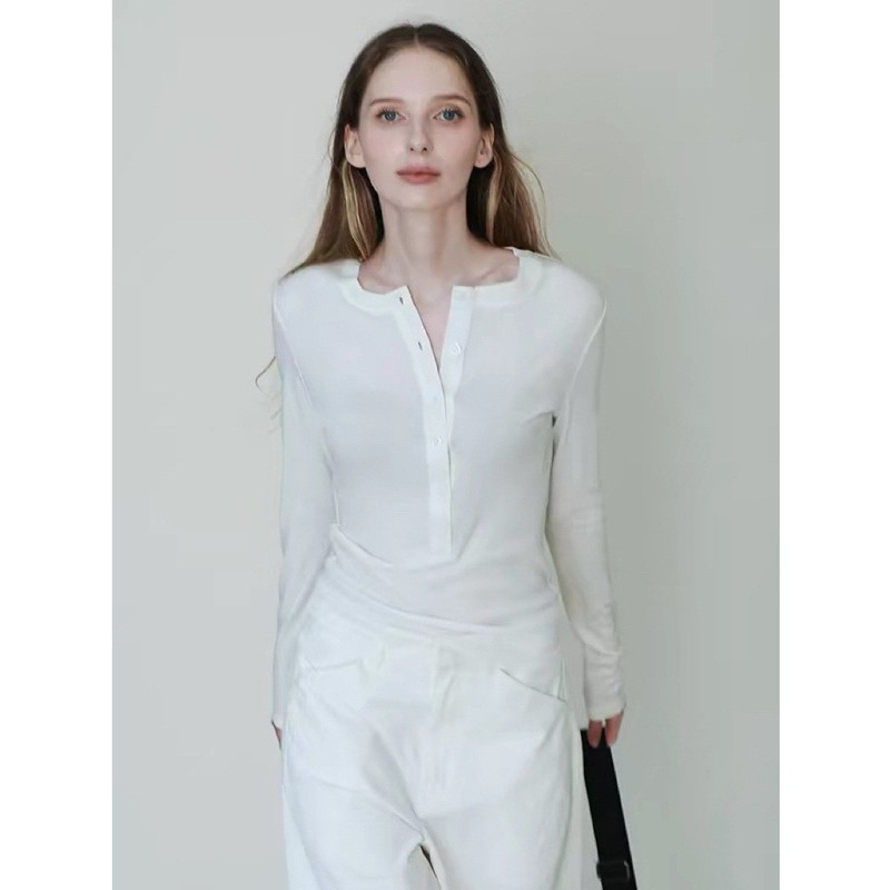 Shuomi Mulberry Silk Henley Collar Long Sleeve White T-Shirt for Women, Stretch Slim Fit Knitted Base Shirt, American Style Trendy Top