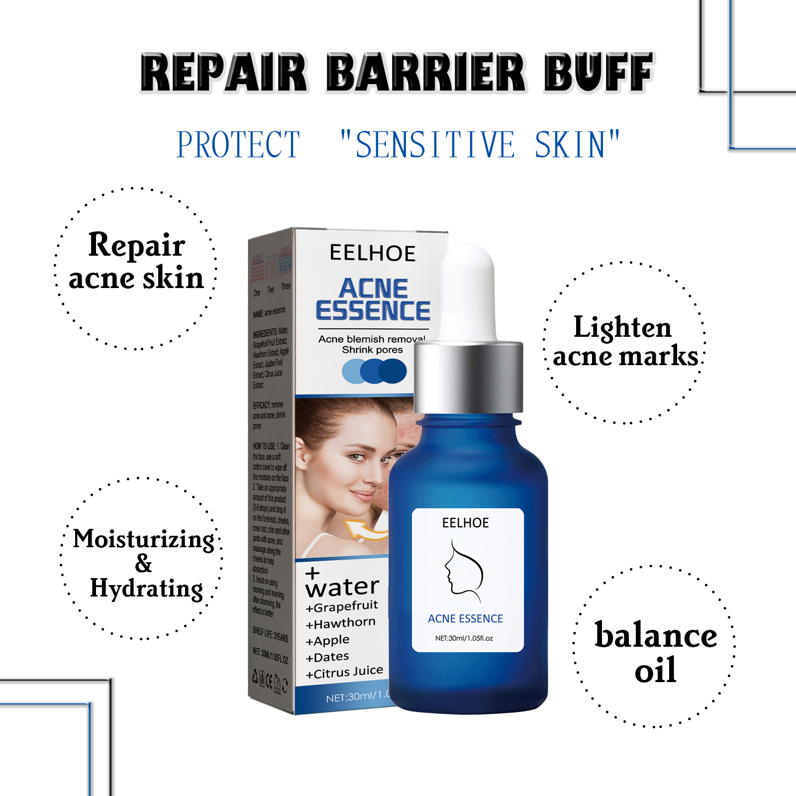 EELHOE Small Blue Bottle Removing Liquid Lightens Acne Marks, Firms Pores, Mildly Moisturizes and Repairs essence_voghion.com