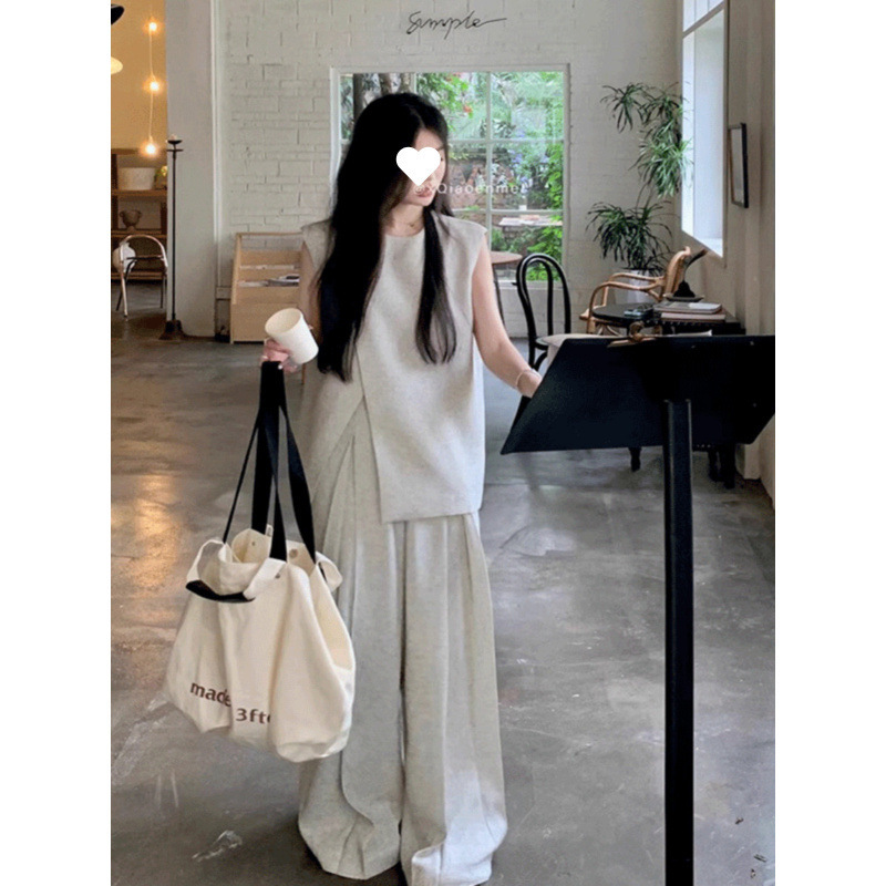时尚休闲套装女新款秋季慵懒风不规则无袖马甲上衣阔腿裤子两件套|undefined