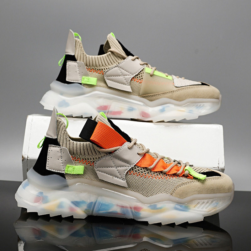 Giày thể thao nam cỡ lớn kiểu dad shoe đế dày dệt lưới thoáng khí, đế cao 3 cm — Màu be, Màu trắng, Màu đen
