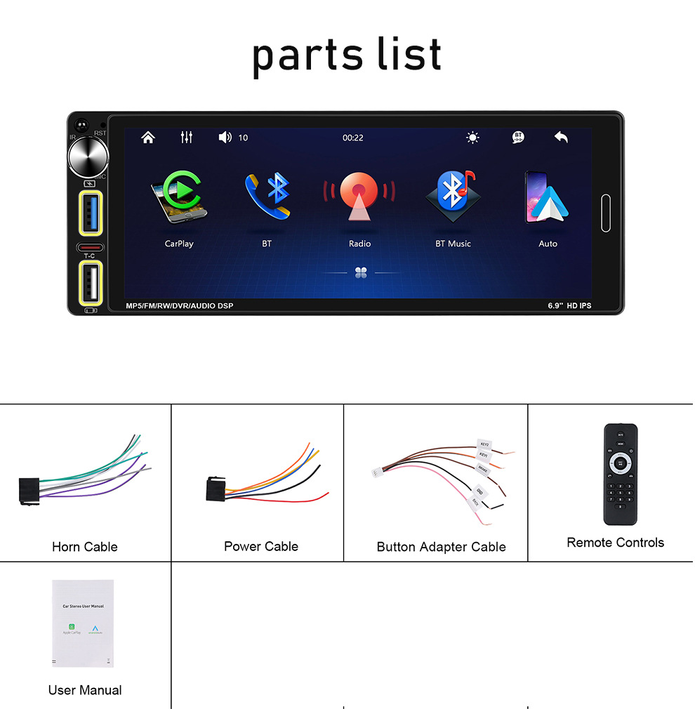 6.9 Inch 12V Single Spindle Wireless Apple Carplayfm Radio Car Bluetooth Mp5 Player 6290W