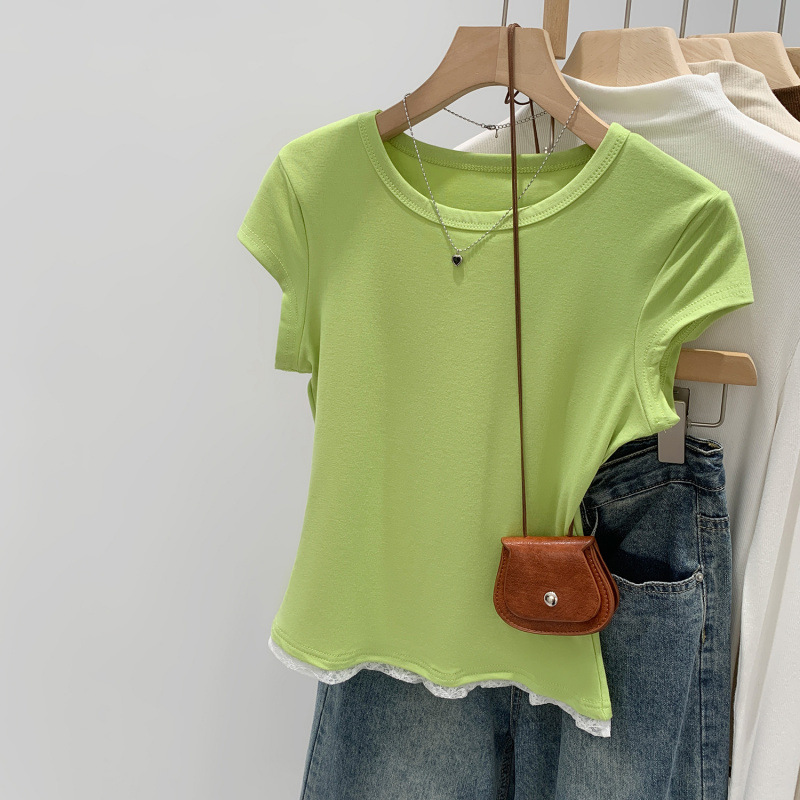 Brand Discount Chic Green Lace Splicing Short-Sleeved T-Shirt for Women 2025 New Niche Design Top