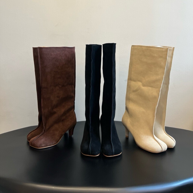 Premium M6 stiletto high boots, 2026 autumn and winter new model, cow suede, apple toe, wide shaft high boots, women's long boots